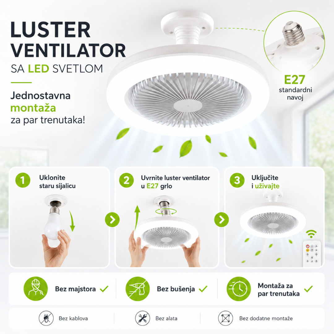 LED Luster Ventilator 3u1 – Svetlo, Ventilator i Daljinski